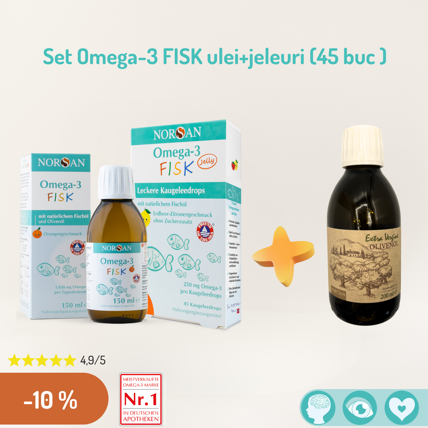 Pachet promotional NORSAN Omega 3 FISK Ulei + Jeleuri (45 buc)+ Ulei de masline 200 ml