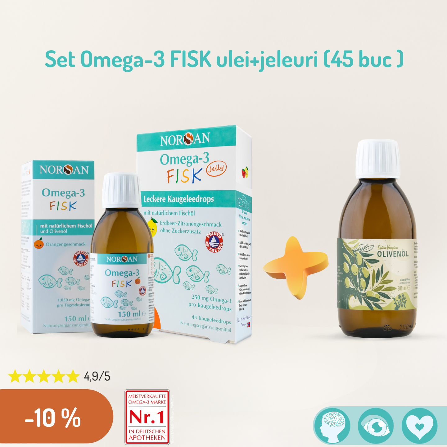 Pachet promotional NORSAN Omega 3 FISK Ulei + Jeleuri (45 buc)+ Ulei de masline 200 ml