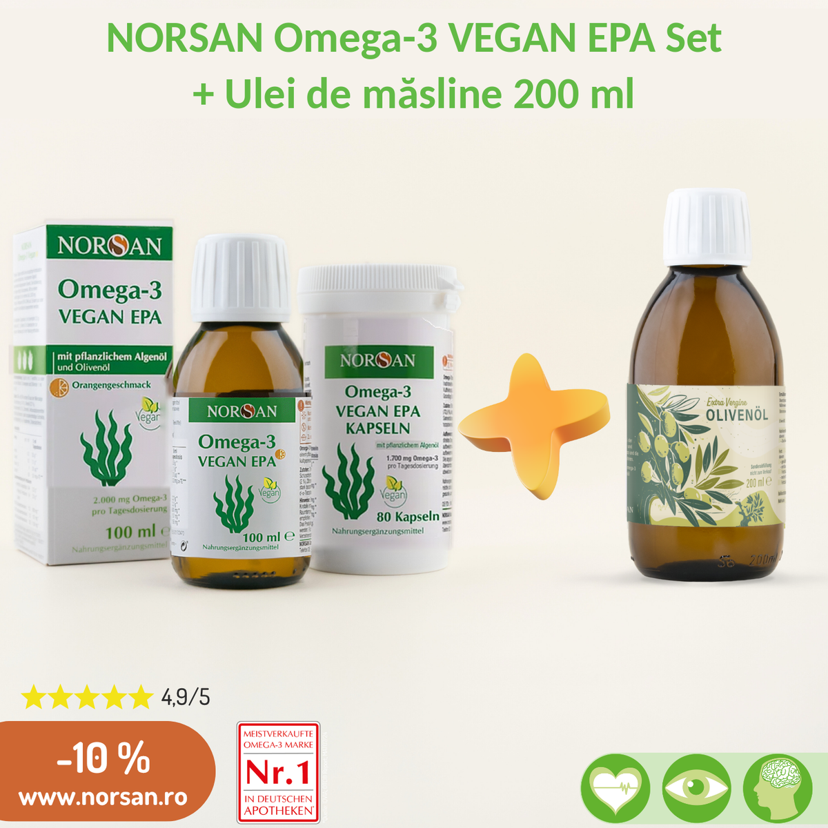 Pachet promotional NORSAN Vegan EPA OIL+EPA Capsule+ Ulei de masline 200 ml