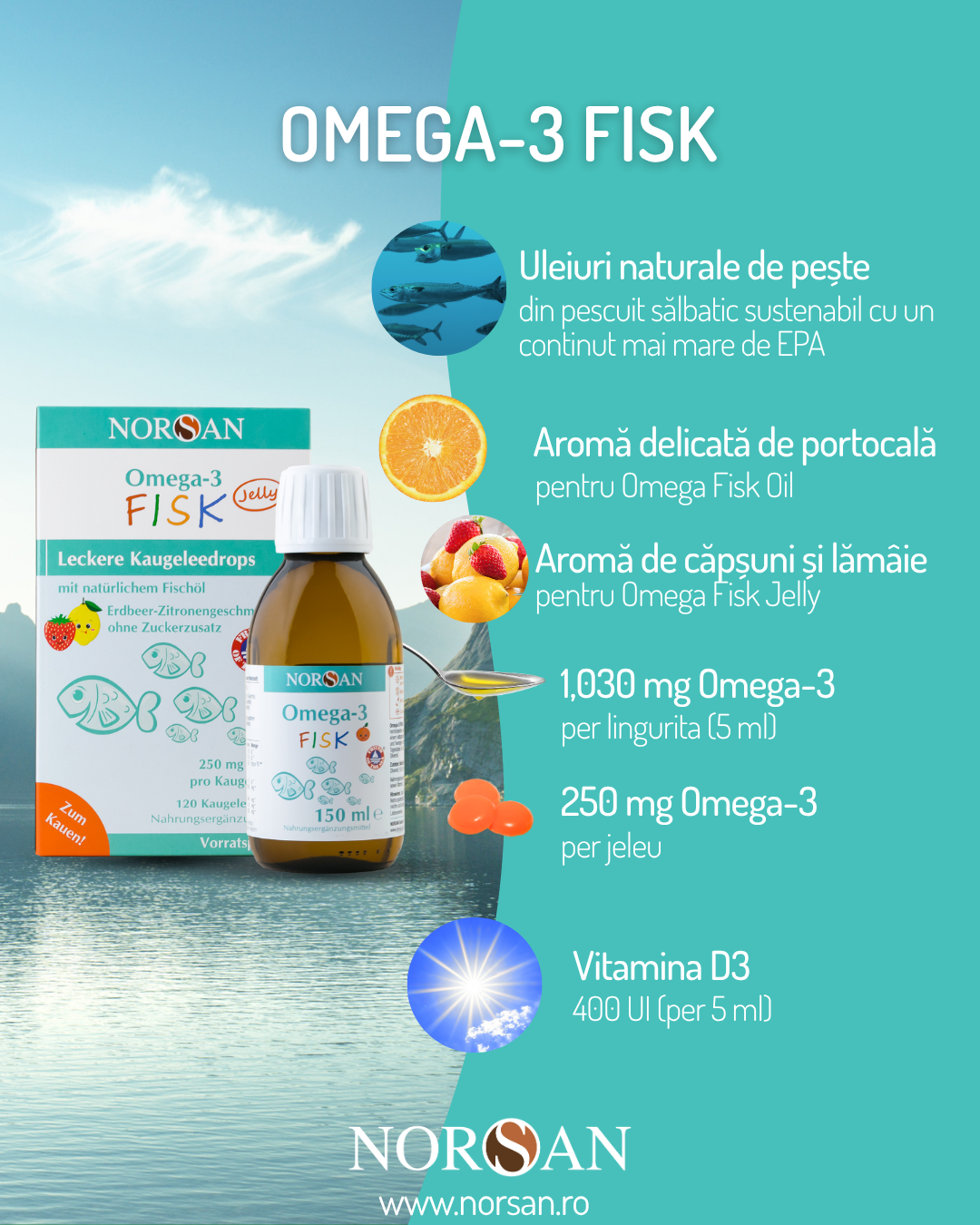 NORSAN Omega 3 FISK jeleuri, cutie cu 45 de jeleuri