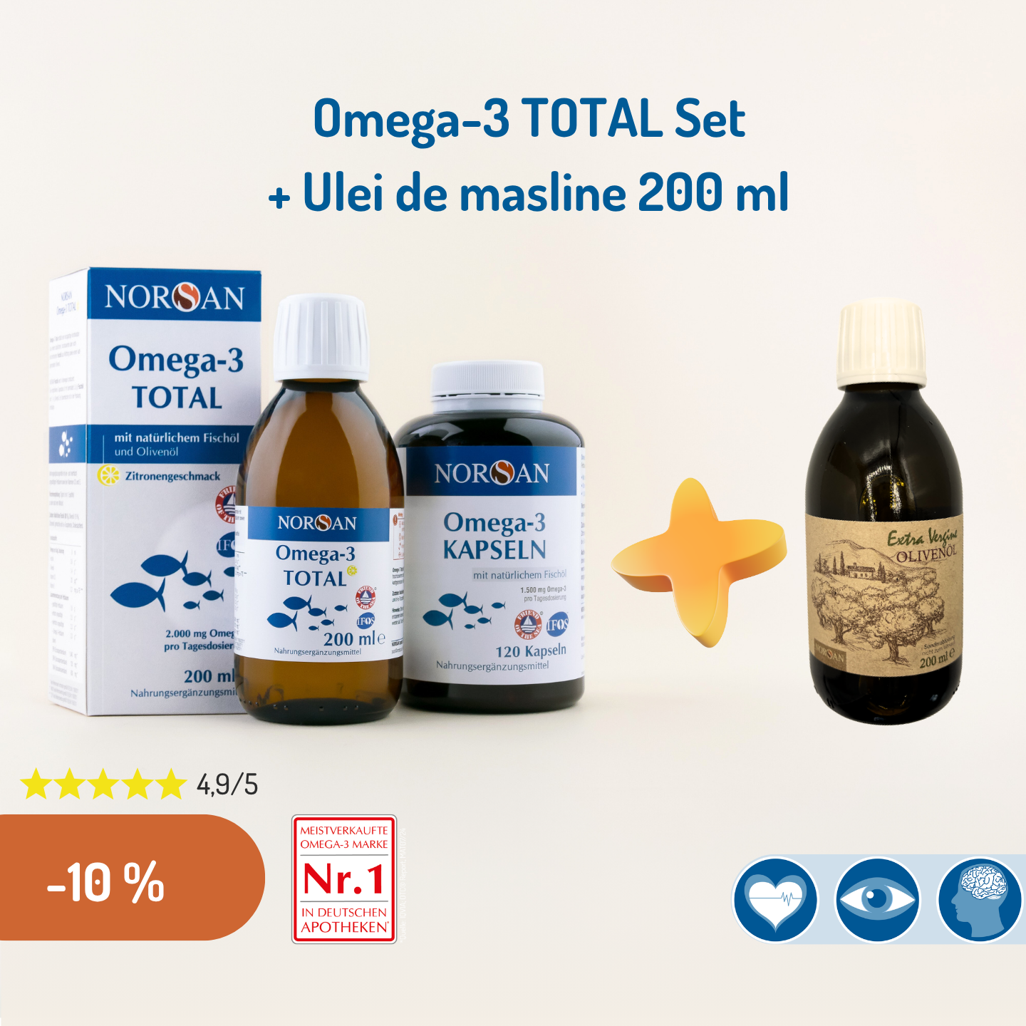 Pachet Promotional NORSAN Omega 3 Total Oil + Capsule + Ulei de masline 200 ml